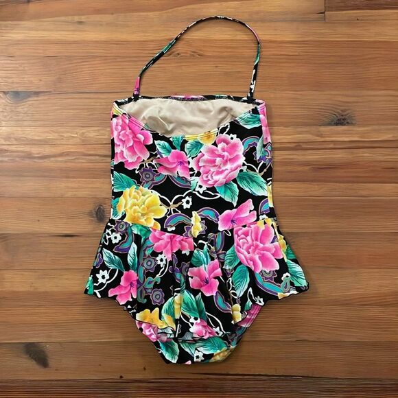 WonderBra by Christina Vintage Black Floral Swimsuit Womens Size 14 36BC Ruffle - Picture 3 of 12